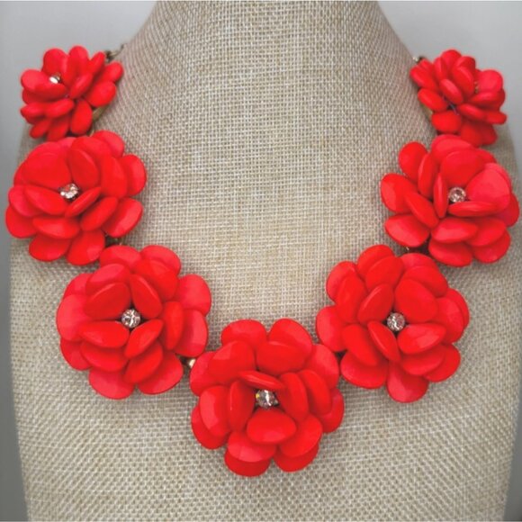 J. Crew Jewelry - J. Crew Orange Floral Statement Necklace W/ Crystal Accents & Gold-Tone Chain